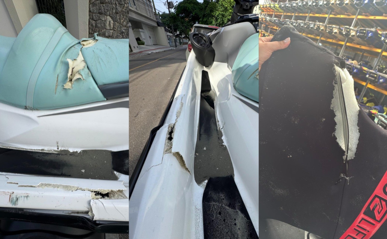 Fotos mostram como ficaram colete de piloto e moto aquática atropelados por 'barco pirata' em Balneário Camboriú