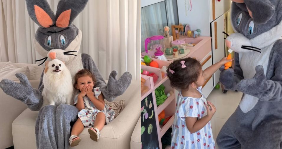 Amanda Kimberlly se veste de coelho da Páscoa para Helena, filha com Neymar
