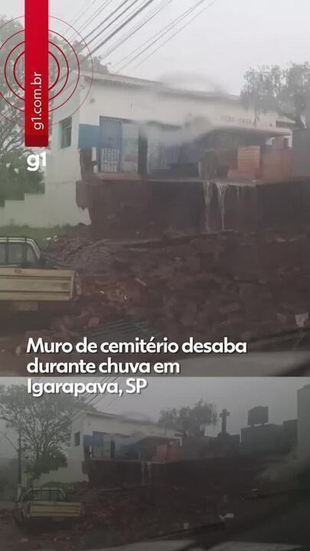 Muro de cemitério cede e cai sobre carro durante chuva em Igarapava, SP