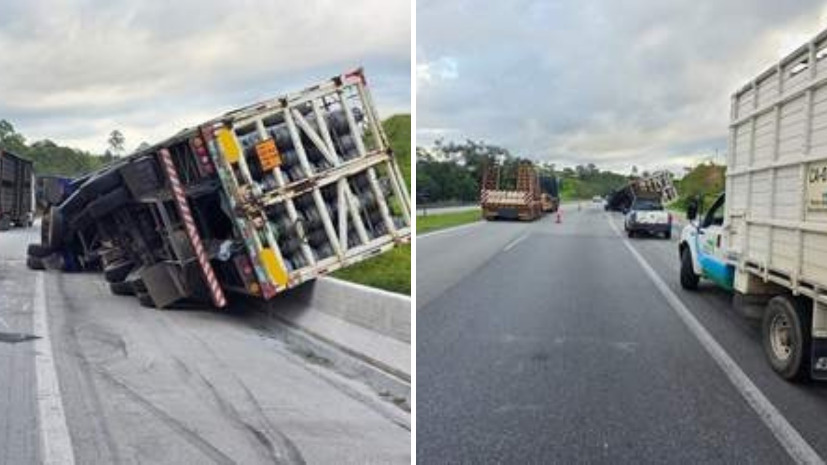 Carreta tomba na Dom Pedro I e causa interdição parcial em Igaratá, SP