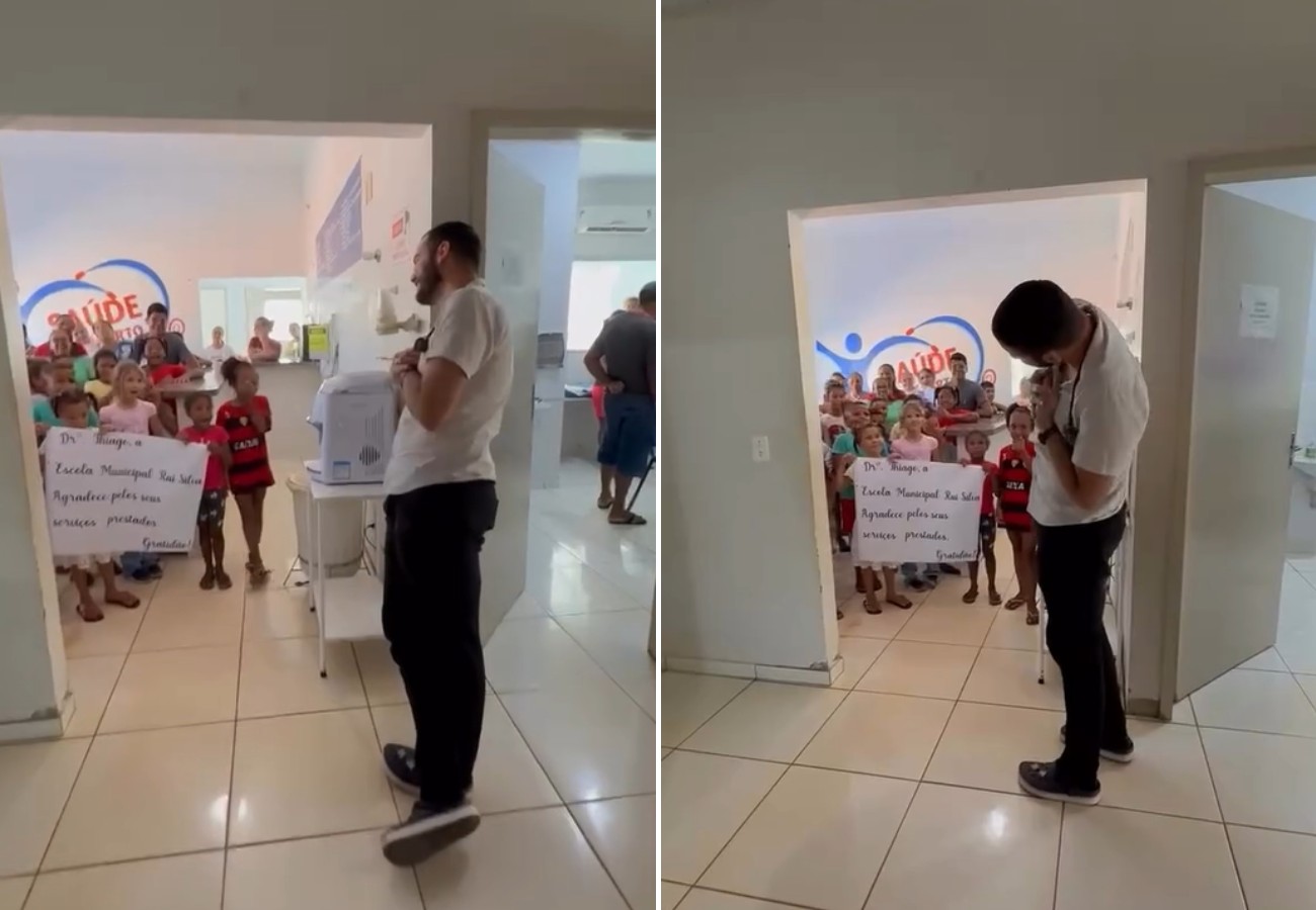 Crianças cantam e fazem cartazes para se despedir de médico em unidade de saúde no Tocantins
