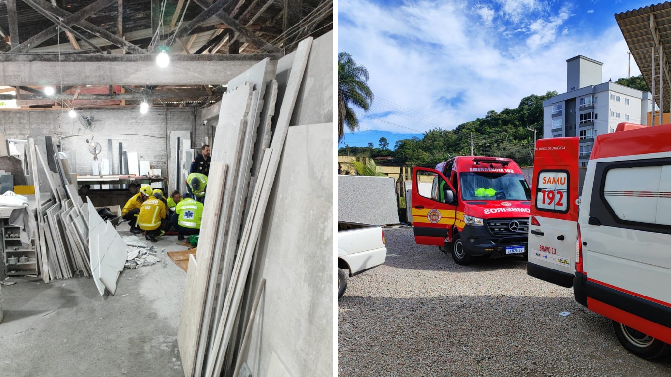 Trabalhadores ficam com pernas prensadas após chapas de mármore de 300 quilos cederem em SC