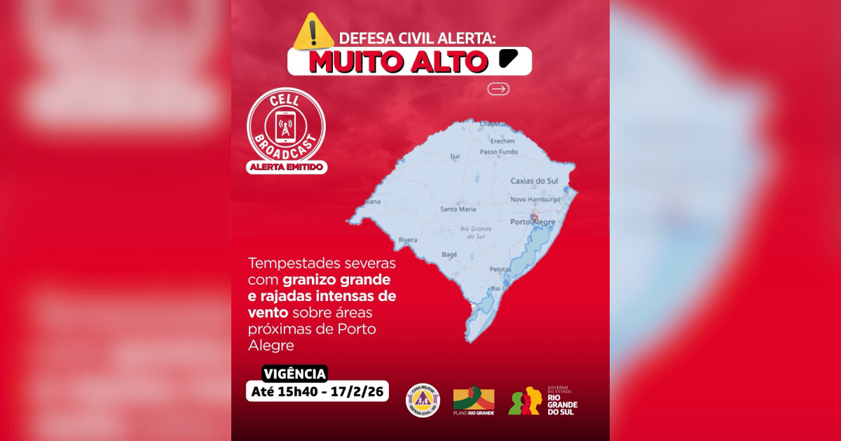 Defesa Civil do RS emite alerta vermelho para tempestades severas