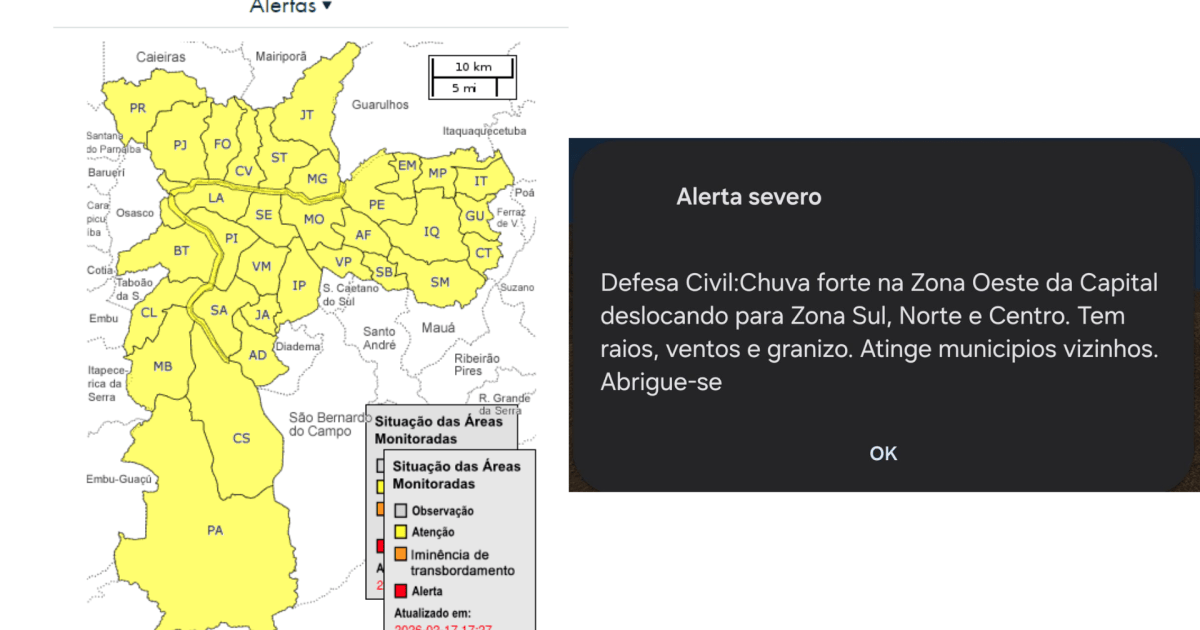 SP: Defesa Civil emite alerta severo para chuva forte nesta terça (17)