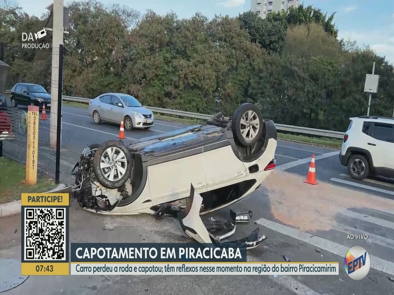Carro capota após roda de veículo se soltar em cruzamento de avenidas e complica trânsito em Piracicaba; veja imagens