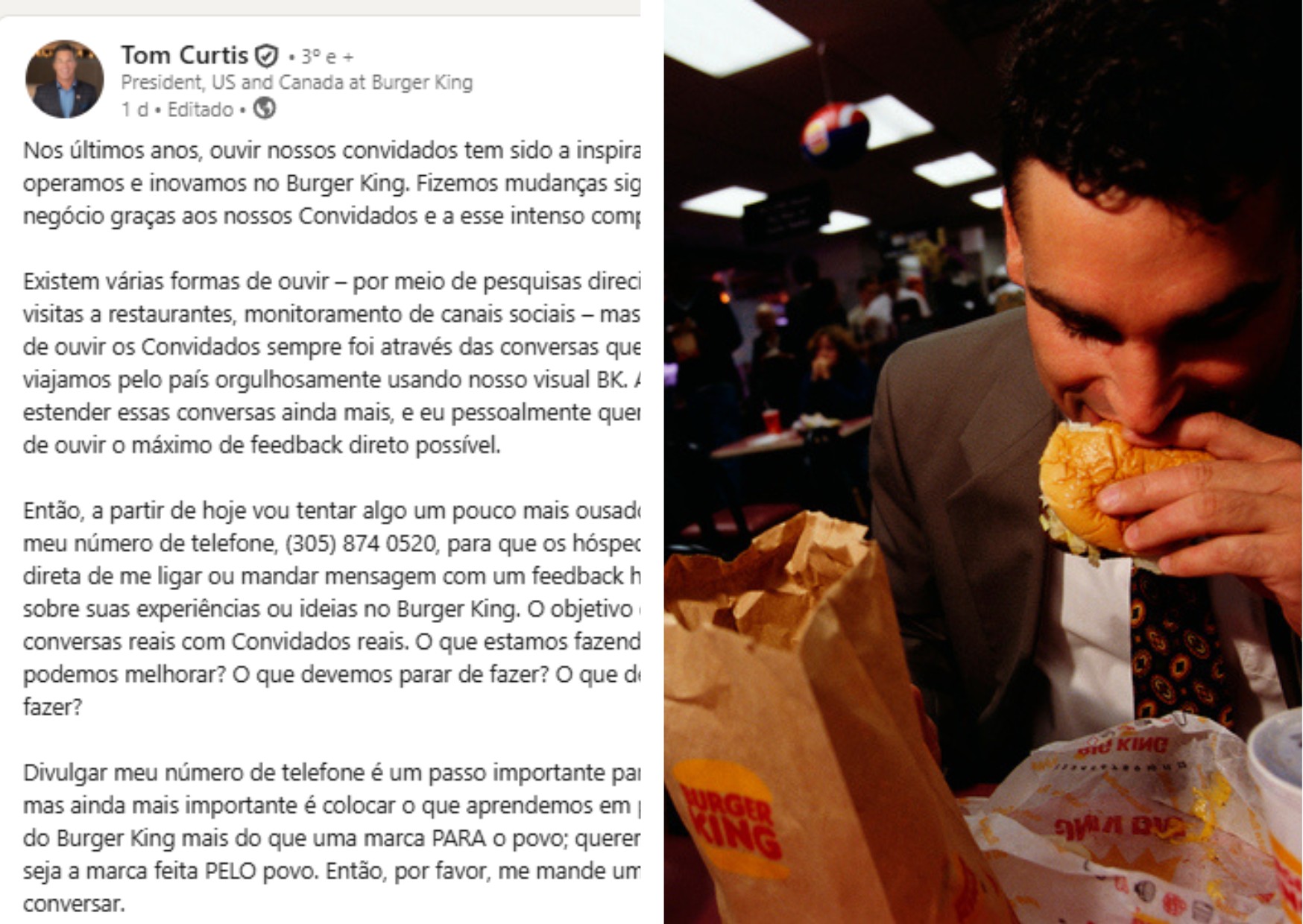 Por que o presidente do Burger King colocou seu número de telefone pessoal nas redes