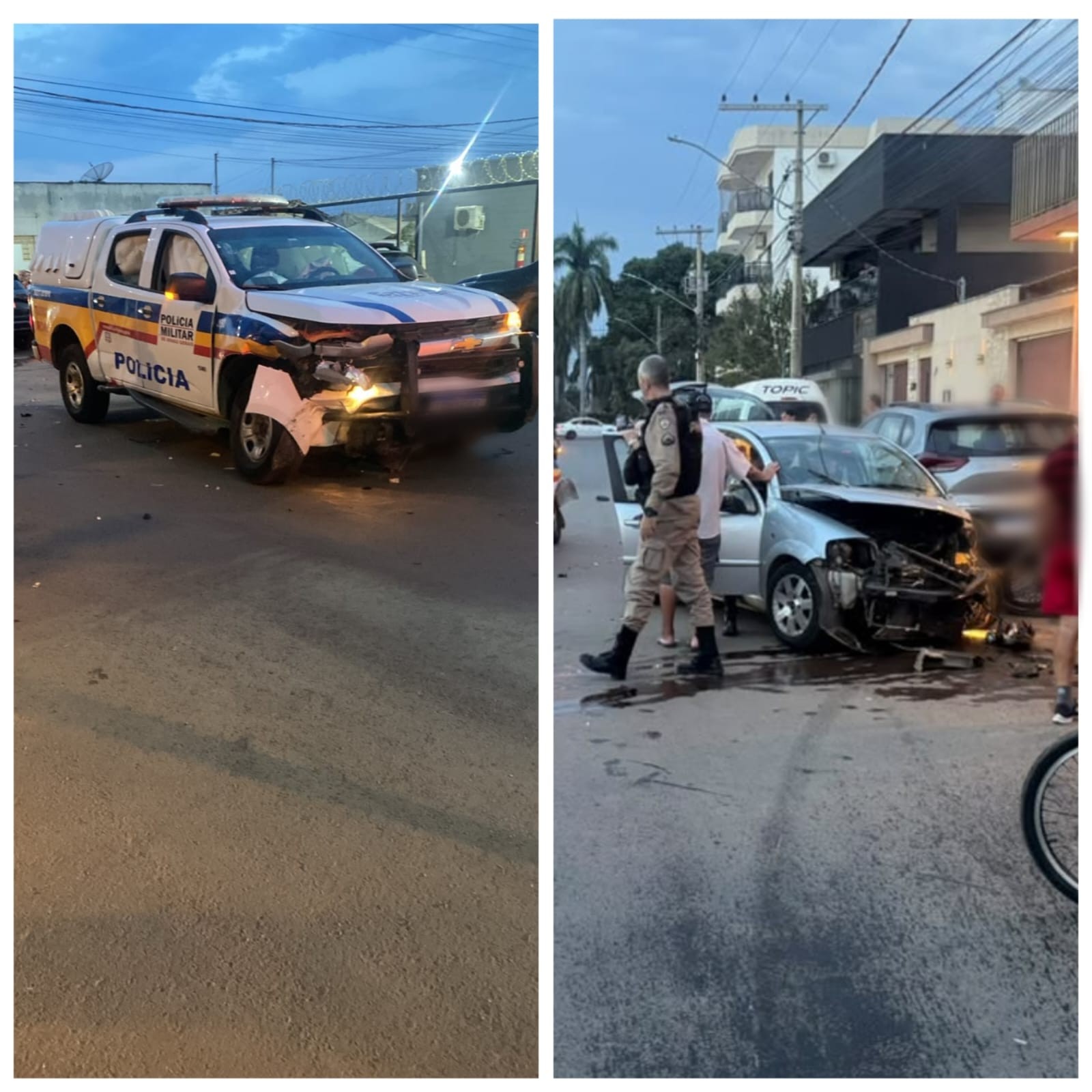 Acidente envolvendo viatura da Polícia Militar, três carros e duas bicicletas elétricas deixa quatro feridos em Unaí