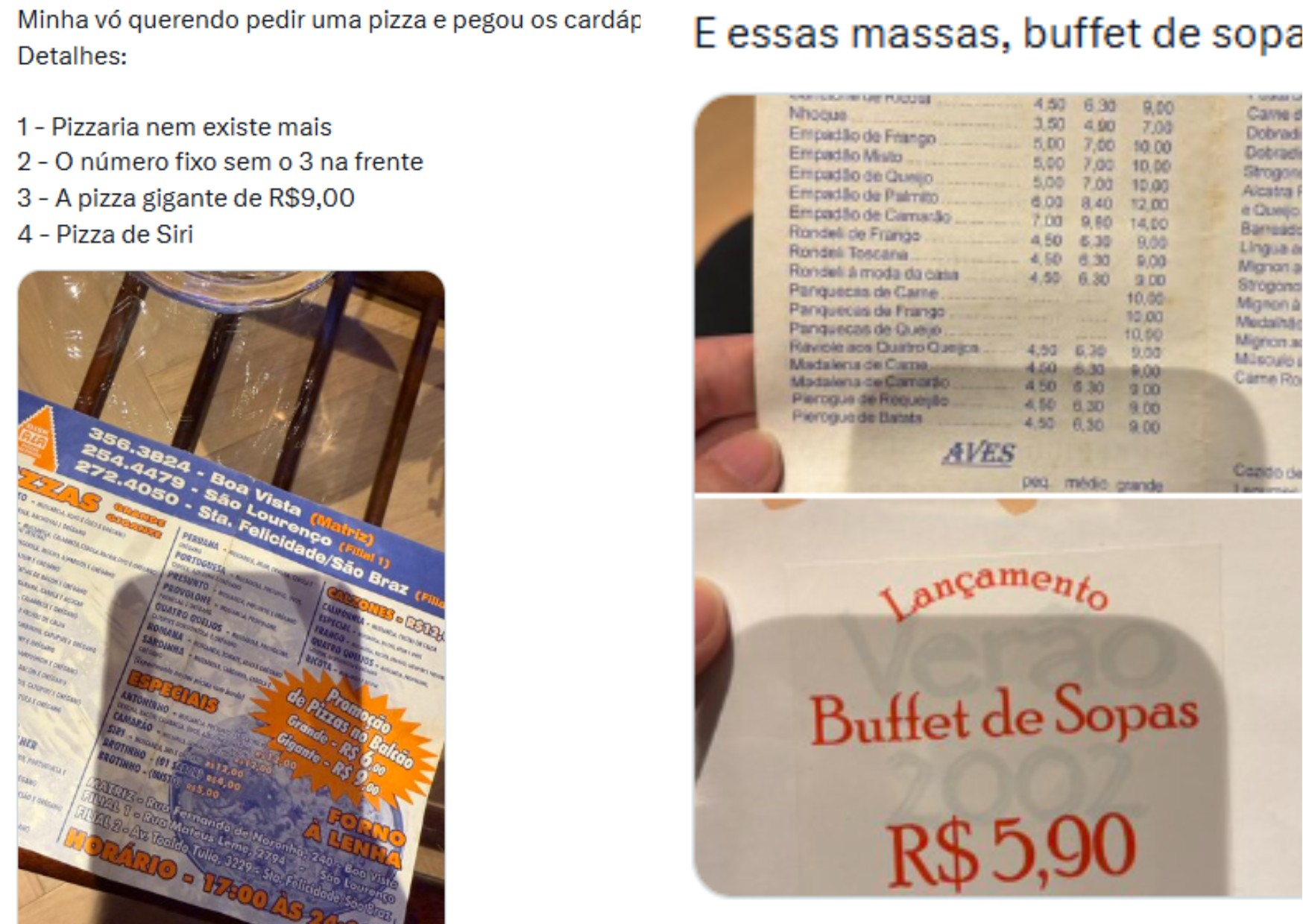Pizza gigante por R$ 9? Cardápio de disk pizza dos anos 1990 viraliza e choca a internet